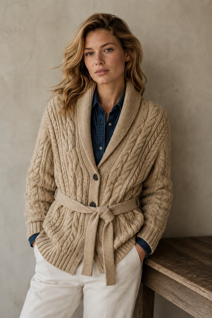 Lands’ End Cable Knit Fisherman Cardigan Sweater Belted Wool Blend Large